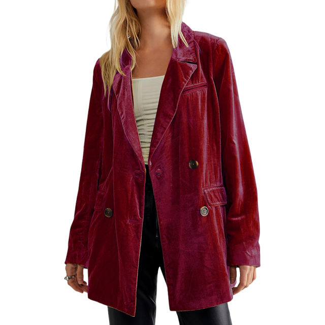 Burgundy Button Detail Velvet Jacket Split Blazer