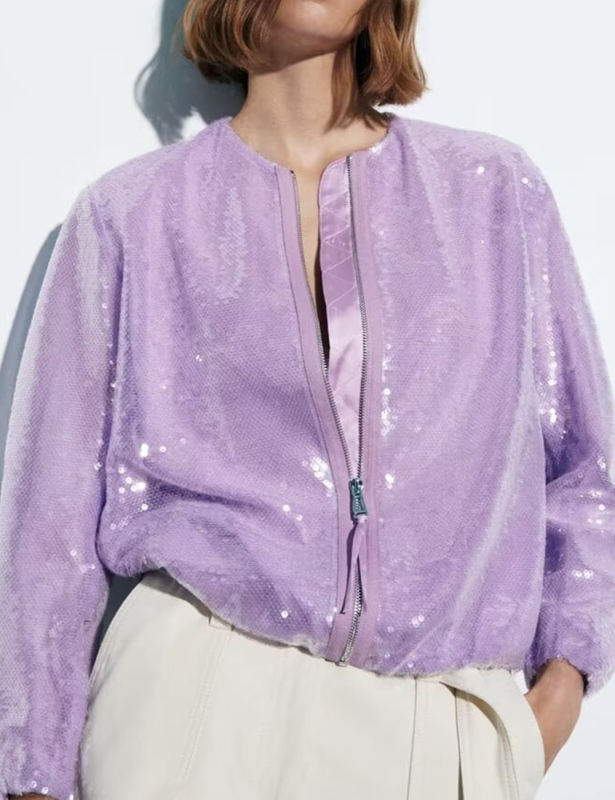 Purple Sequined Full-zip Long Sleeve Jacket