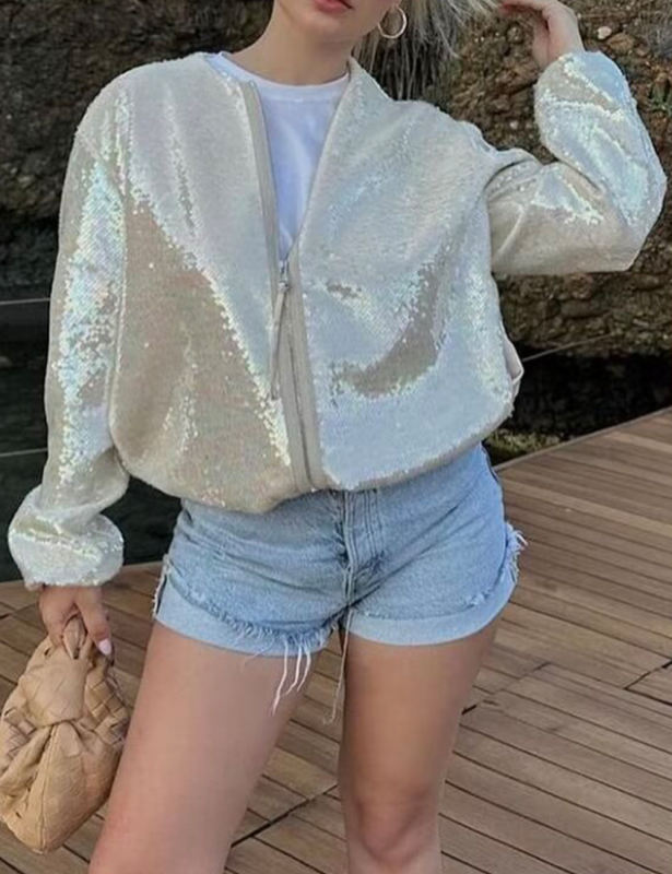 White Sequined Full-zip Long Sleeve Jacket