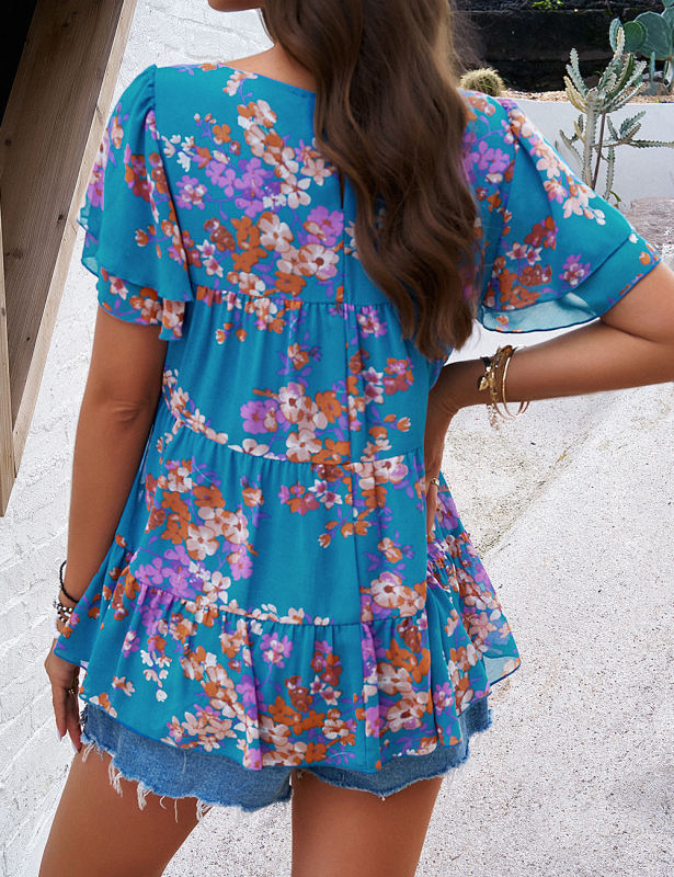 Blue Floral Print Tiered Short Sleeve Babydoll Top