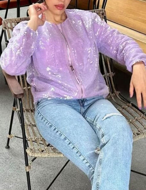 Purple Sequined Full-zip Long Sleeve Jacket