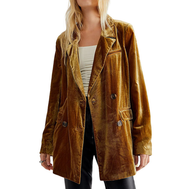 Orange Button Detail Velvet Jacket Split Blazer