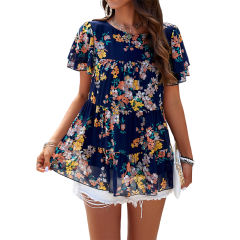 Navy Floral Print Tiered Short Sleeve Babydoll Top