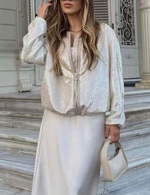 White Sequined Full-zip Long Sleeve Jacket