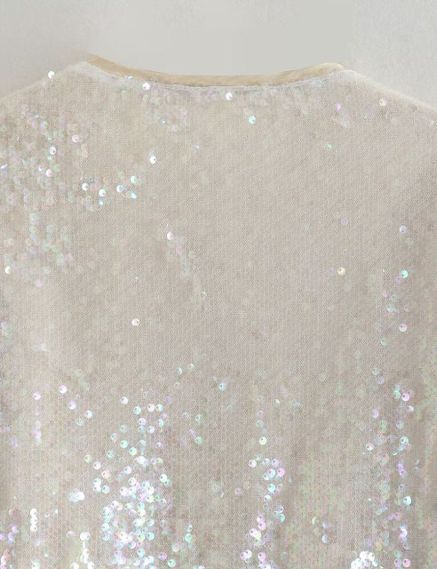 White Sequined Full-zip Long Sleeve Jacket