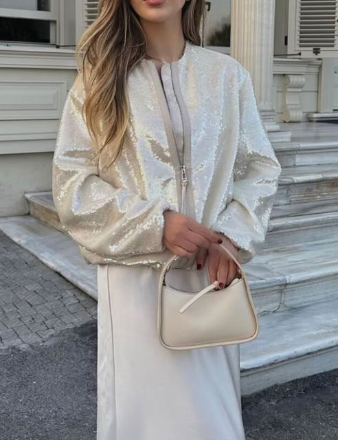 White Sequined Full-zip Long Sleeve Jacket