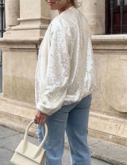 White Sequined Full-zip Long Sleeve Jacket