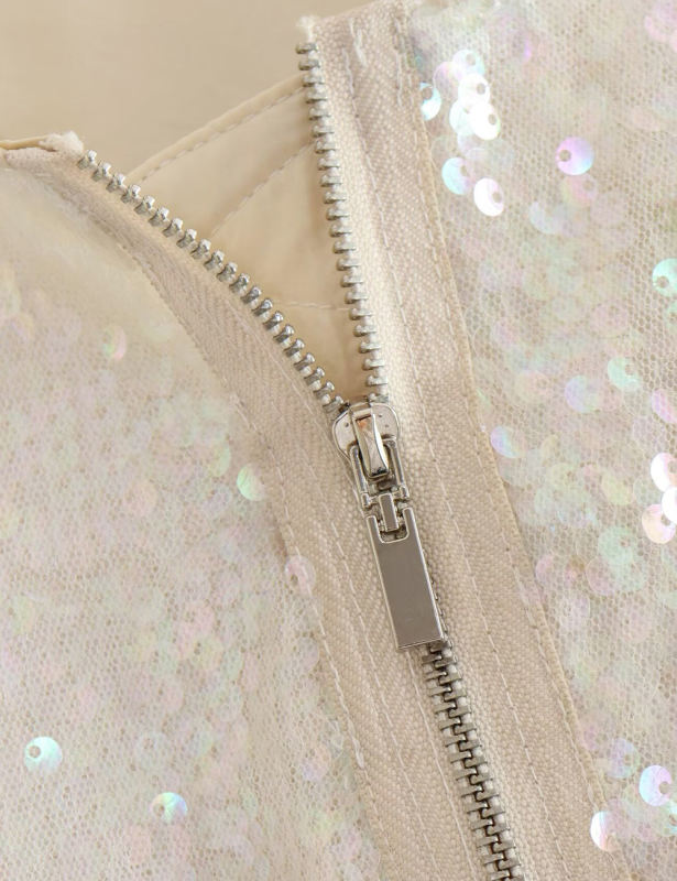 White Sequined Full-zip Long Sleeve Jacket
