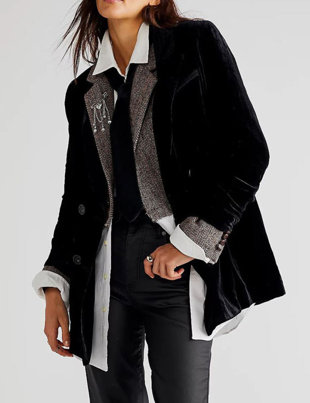 Black Button Detail Velvet Jacket Split Blazer