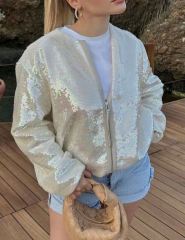White Sequined Full-zip Long Sleeve Jacket