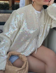 White Sequined Full-zip Long Sleeve Jacket