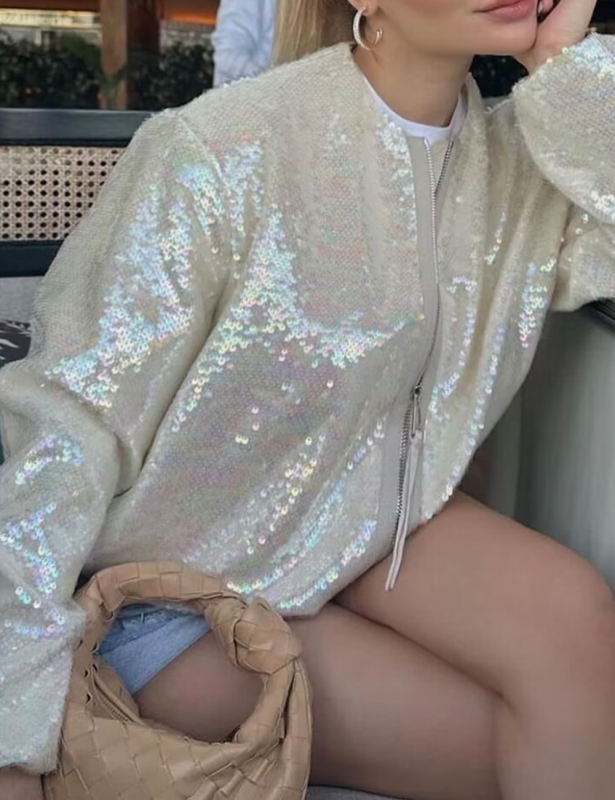 White Sequined Full-zip Long Sleeve Jacket