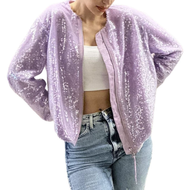 Purple Sequined Full-zip Long Sleeve Jacket