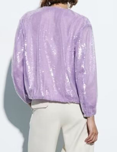 Purple Sequined Full-zip Long Sleeve Jacket