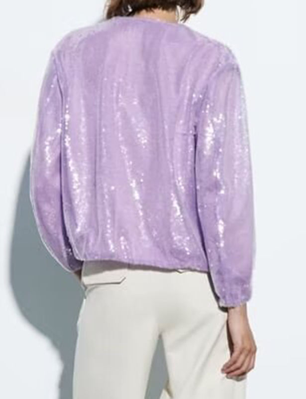 Purple Sequined Full-zip Long Sleeve Jacket