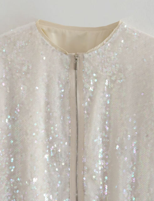 White Sequined Full-zip Long Sleeve Jacket