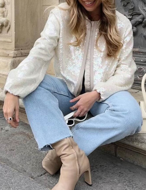White Sequined Full-zip Long Sleeve Jacket