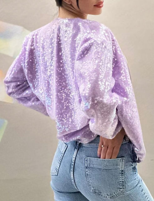Purple Sequined Full-zip Long Sleeve Jacket