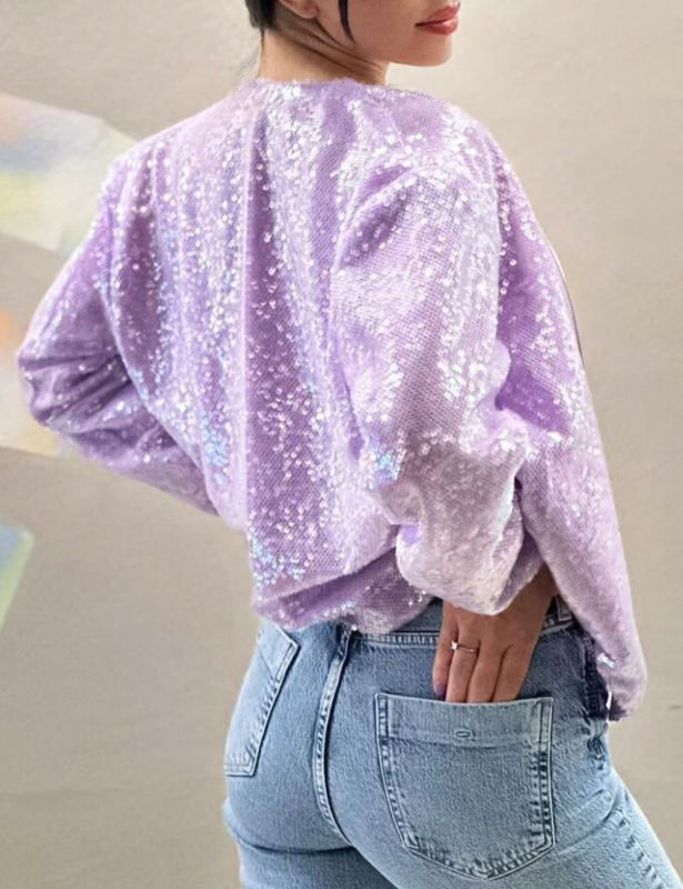 Purple Sequined Full-zip Long Sleeve Jacket