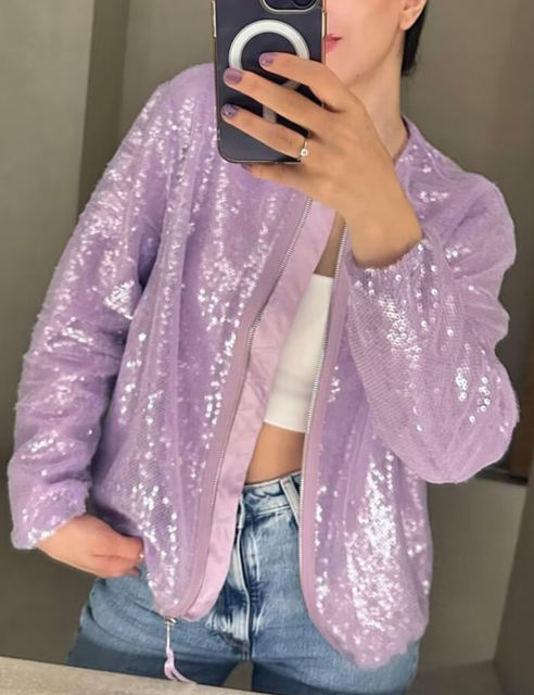 Purple Sequined Full-zip Long Sleeve Jacket