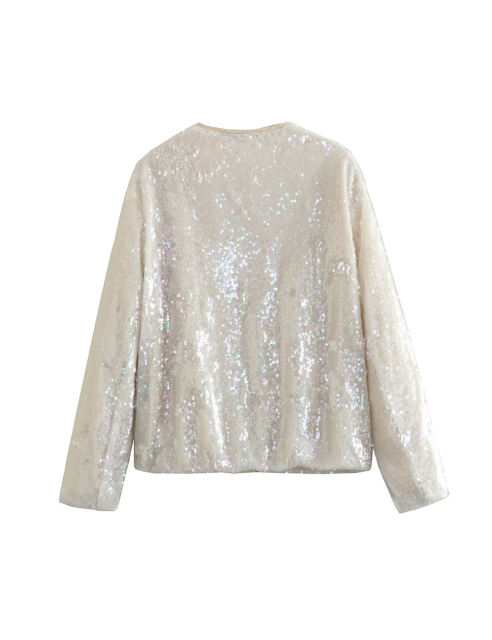 White Sequined Full-zip Long Sleeve Jacket