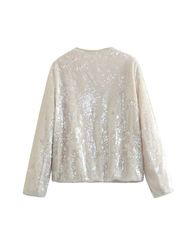 White Sequined Full-zip Long Sleeve Jacket