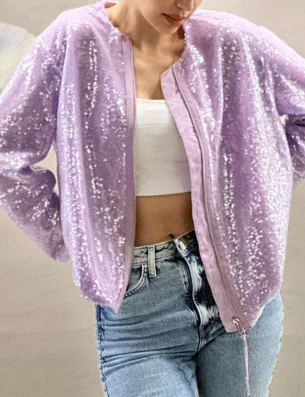 Purple Sequined Full-zip Long Sleeve Jacket