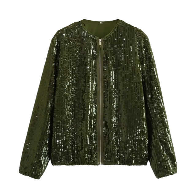 Army Green Sequined Full-zip Long Sleeve Jacket