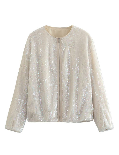 White Sequined Full-zip Long Sleeve Jacket