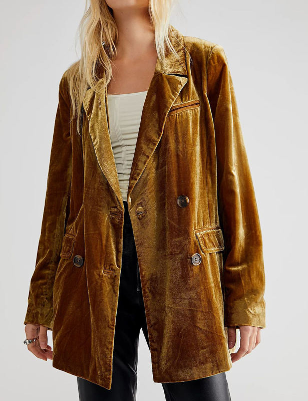 Orange Button Detail Velvet Jacket Split Blazer