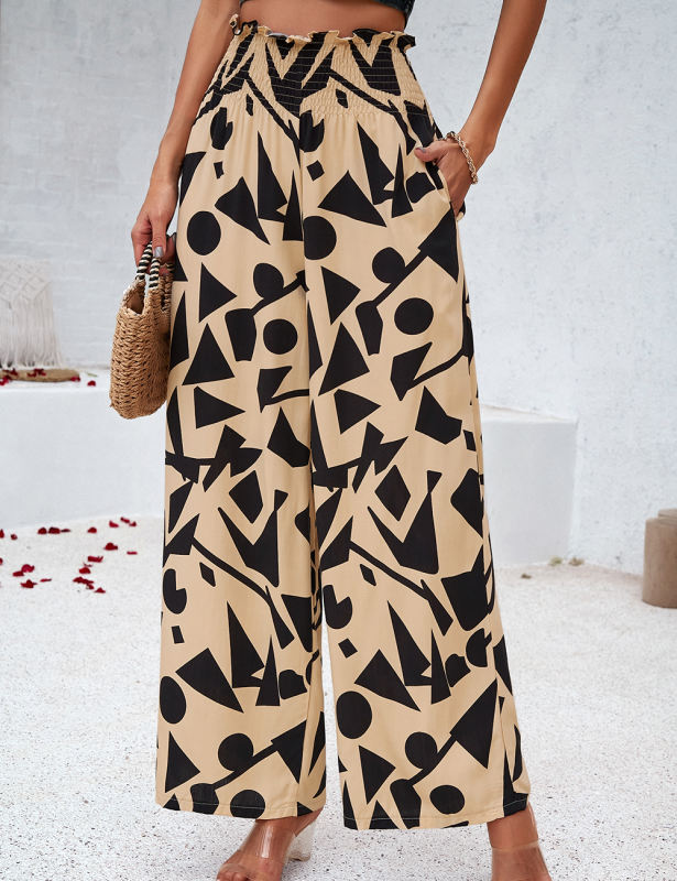Yellow Abstract Print Pocketed Wide Leg Pants