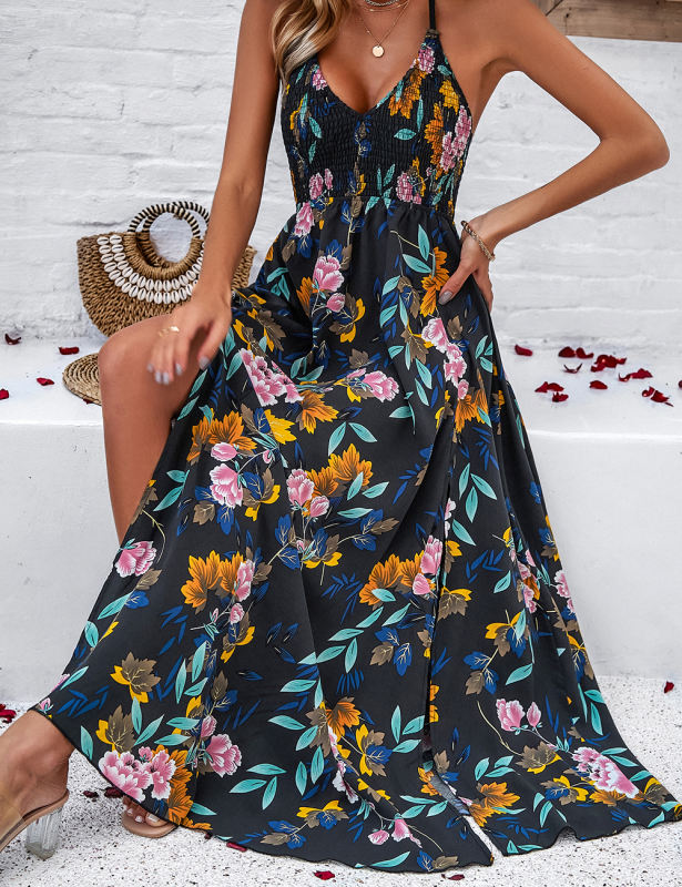 Black Floral Print Halter V Neck Split Maxi Dress