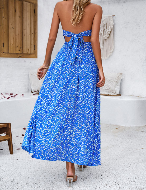 Blue Floral Print Halter V Neck Split Maxi Dress