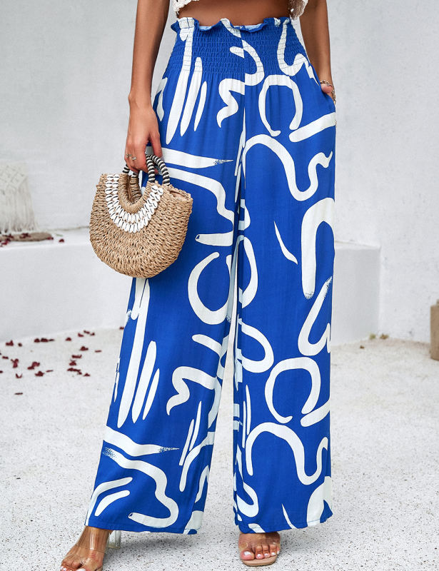 Blue Abstract Print Pocketed Wide Leg Pants