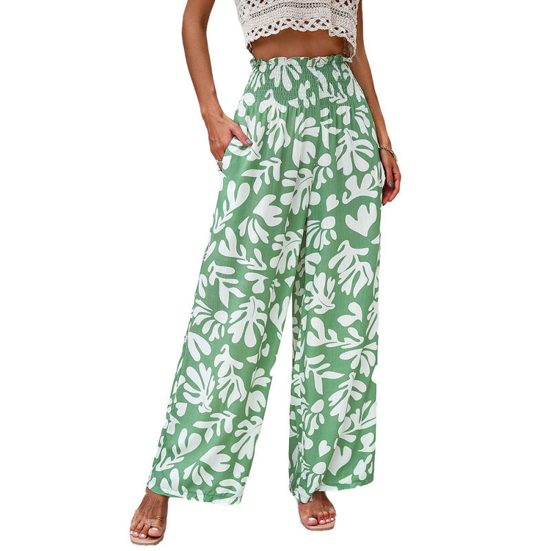 Green Abstract Print Pocketed Wide Leg Pants