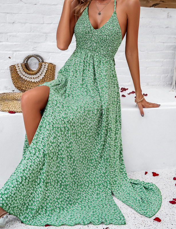 Green Floral Print Halter V Neck Split Maxi Dress