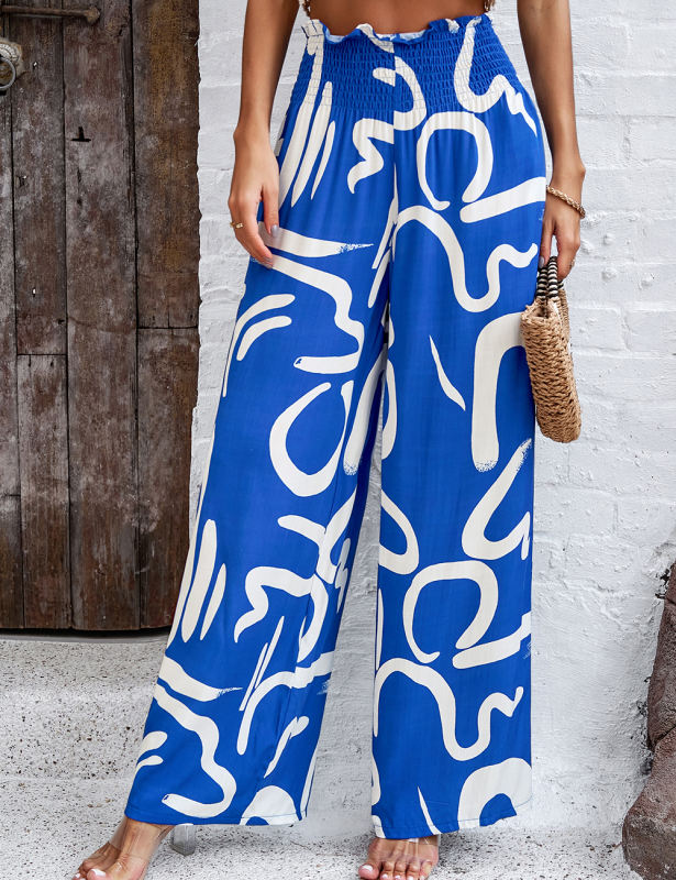 Blue Abstract Print Pocketed Wide Leg Pants