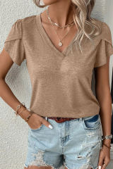 Pale Khaki Fashion Petal Sleeve V Neck T Shirt