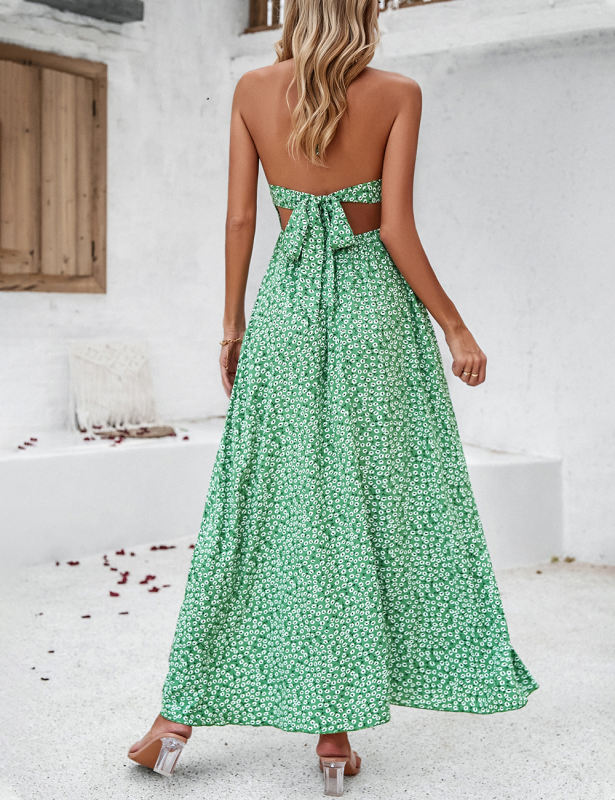 Green Floral Print Halter V Neck Split Maxi Dress