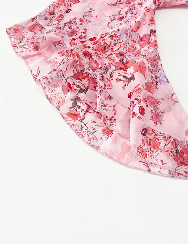 Pink V Neck Tie Waist Ruffle Hem Floral Dress
