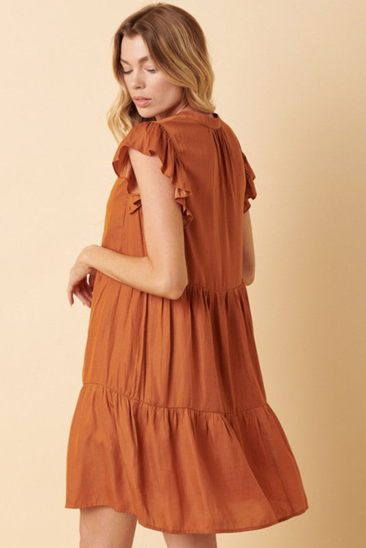 Russet Orange Ruffled Sleeve Notched V Neck Tiered Mini Dress