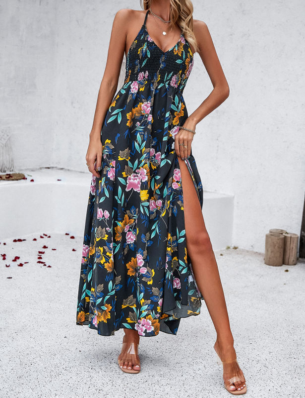 Black Floral Print Halter V Neck Split Maxi Dress