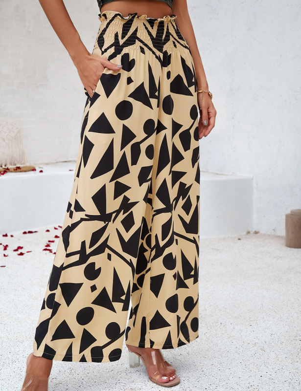 Yellow Abstract Print Pocketed Wide Leg Pants