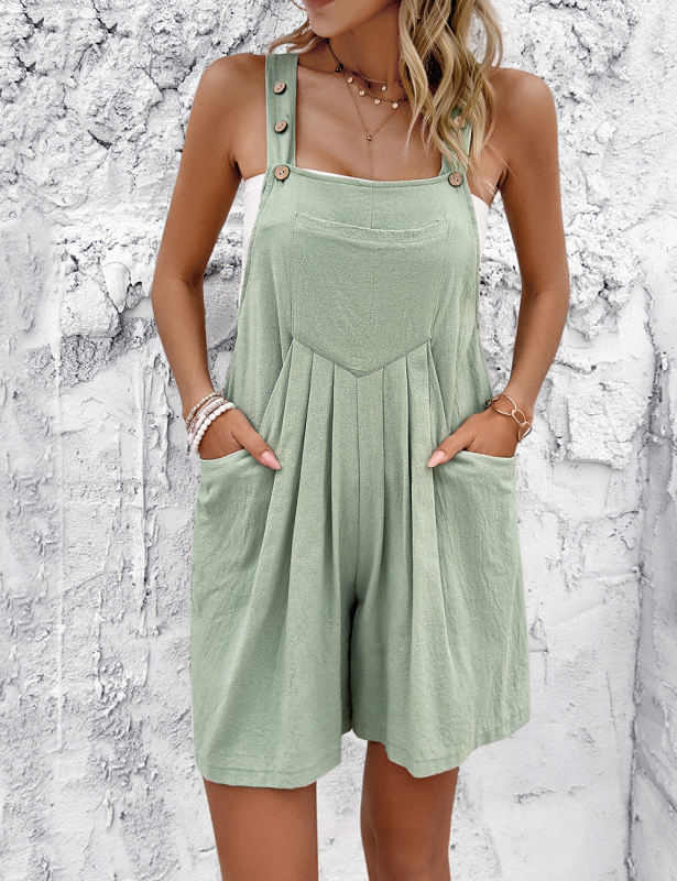 Pea Green Square Neck Pocketed Wide Leg Romper