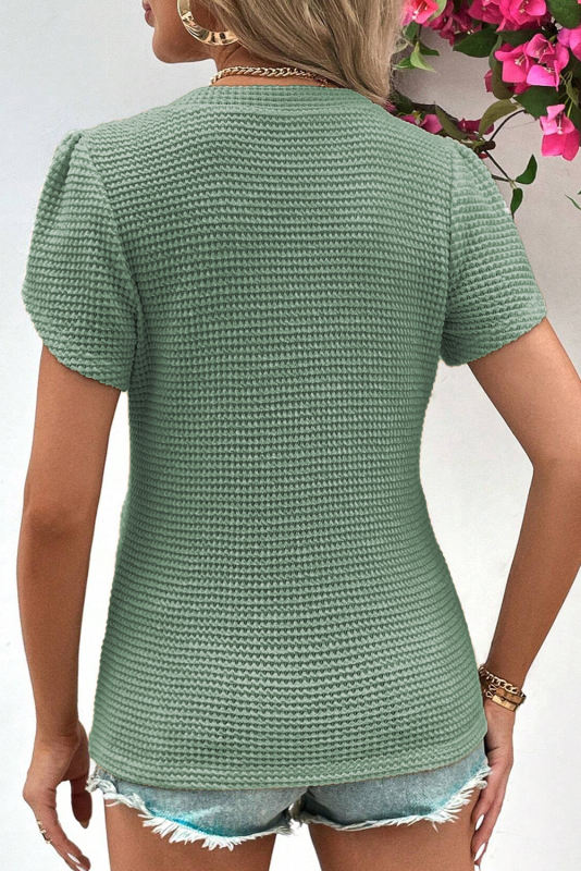 Mist Green V Neck Petal Sleeve Waffle Knit T-Shirt