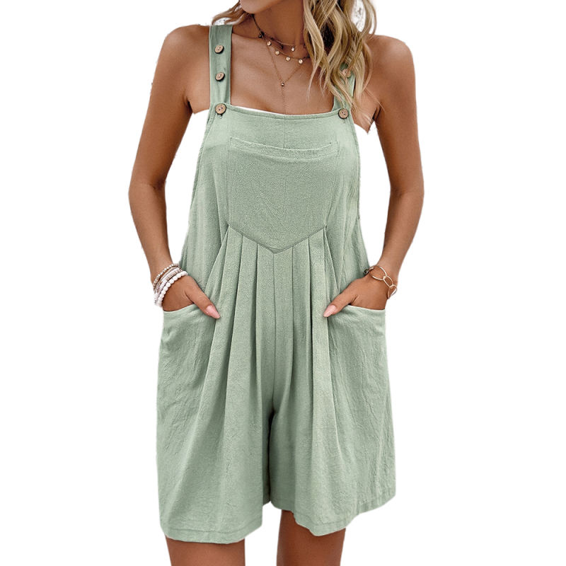 Pea Green Square Neck Pocketed Wide Leg Romper