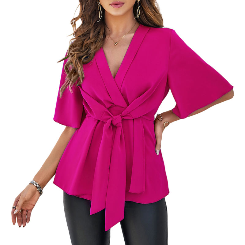 Rosy Solid Color V Neck Knot Waist Tunic Blouse