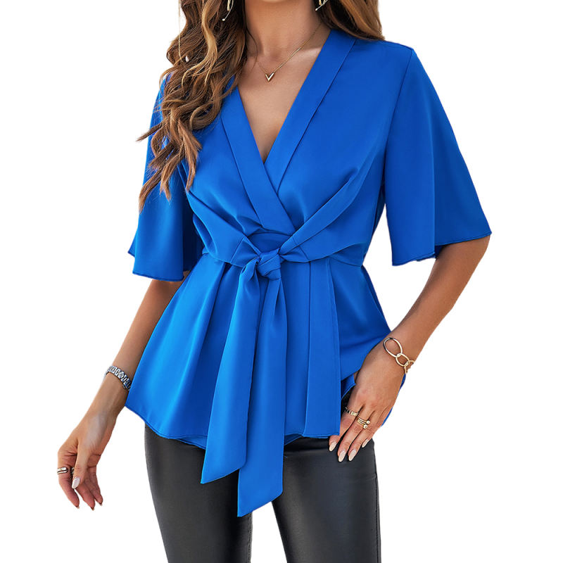 Blue Solid Color V Neck Knot Waist Tunic Blouse