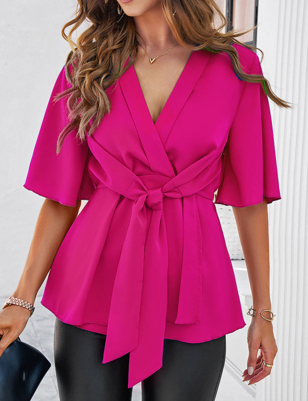 Rosy Solid Color V Neck Knot Waist Tunic Blouse