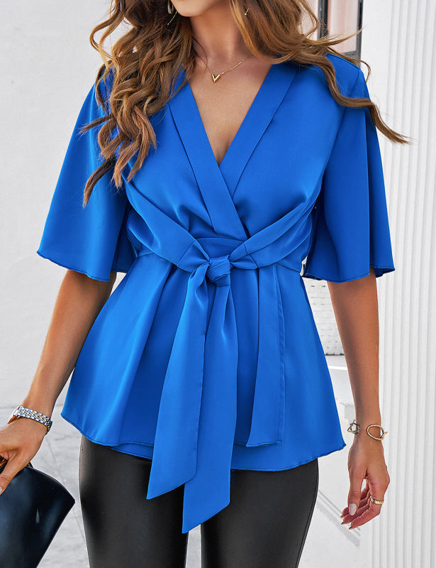 Blue Solid Color V Neck Knot Waist Tunic Blouse
